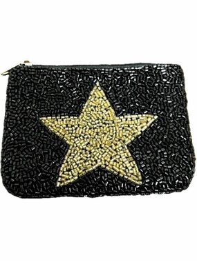 Beaded change purse black beads with gold star EUC